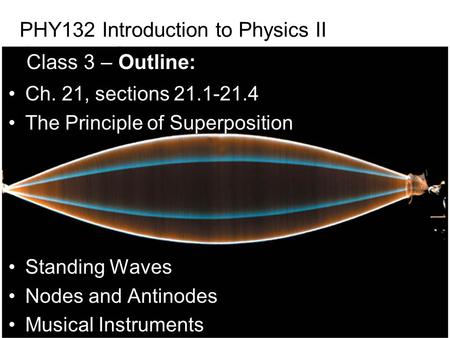 PHY132 Introduction to Physics II Class 3 – Outline: Ch. 21, sections 21.1-21.4 The Principle of Superposition Standing Waves Nodes and Antinodes Musical.