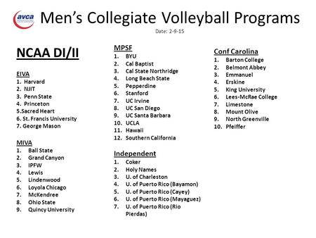 Men’s Collegiate Volleyball Programs Date: 2-9-15 NCAA DI/II EIVA 1. Harvard 2. NJIT 3. Penn State 4. Princeton 5.Sacred Heart 6. St. Francis University.