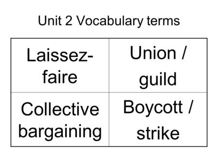 Unit 2 Vocabulary terms Laissez- faire Union / guild Collective bargaining Boycott / strike.