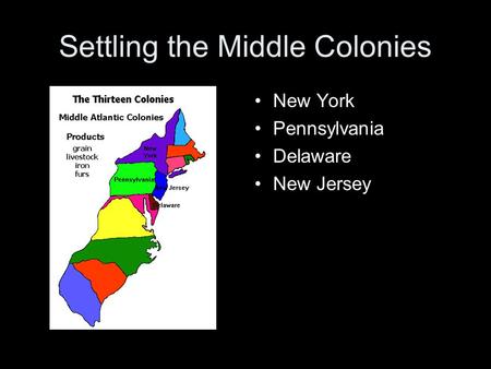 Settling the Middle Colonies New York Pennsylvania Delaware New Jersey.