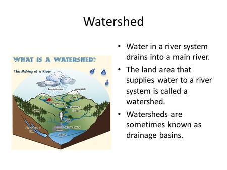 Watershed Water in a river system drains into a main river. The land area that supplies water to a river system is called a watershed. Watersheds are sometimes.
