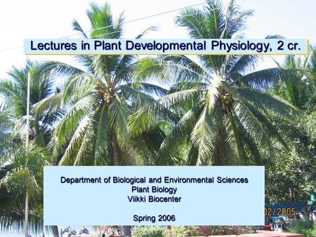 Lectures in Plant Developmental Physiology, 2 cr. Department of Biological and Environmental Sciences Plant Biology Viikki Biocenter Spring 2006.