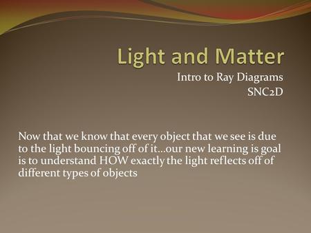 Intro to Ray Diagrams SNC2D Now that we know that every object that we see is due to the light bouncing off of it…our new learning is goal is to understand.