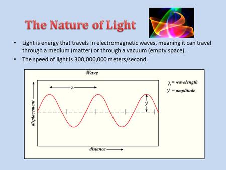 Light is energy that travels in electromagnetic waves, meaning it can travel through a medium (matter) or through a vacuum (empty space). The speed of.