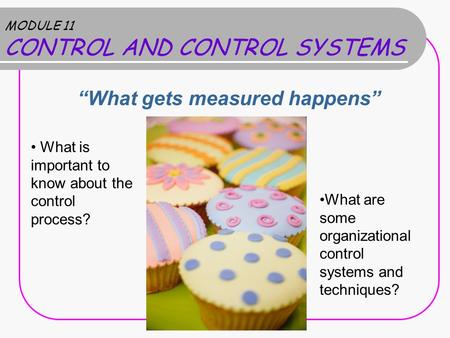 MODULE 11 CONTROL AND CONTROL SYSTEMS “What gets measured happens” What is important to know about the control process? What are some organizational control.