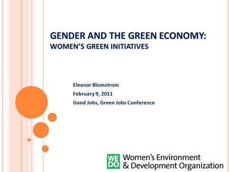 GENDER AND THE GREEN ECONOMY: WOMEN’S GREEN INITIATIVES Eleanor Blomstrom February 9, 2011 Good Jobs, Green Jobs Conference.