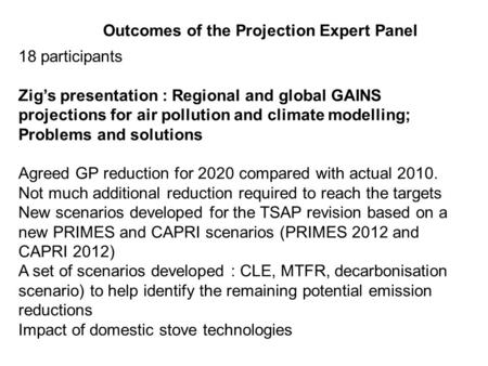 18 participants Zig’s presentation : Regional and global GAINS projections for air pollution and climate modelling; Problems and solutions Agreed GP reduction.