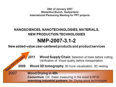 30th of January 2007 Winterthur/Zurich, Switzerland International Partnering Meeting for FP7 projects NANOSCIENCES, NANOTECHNOLOGIES, MATERIALS, NEW PRODUCTION.