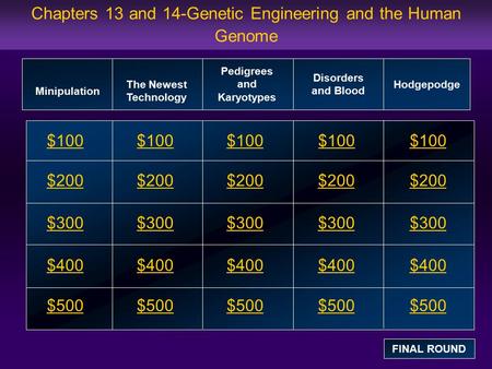 Chapters 13 and 14-Genetic Engineering and the Human Genome $100 $200 $300 $400 $500 $100$100$100 $200 $300 $400 $500 Minipulation The Newest Technology.