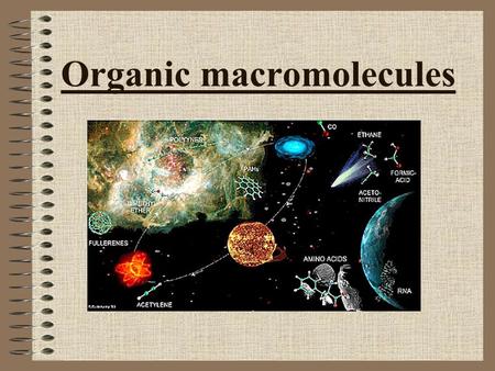 Organic macromolecules. Intro to organic molecules Organic molecules by definition contain carbon. Many organic molecules are made of chains, called polymers.