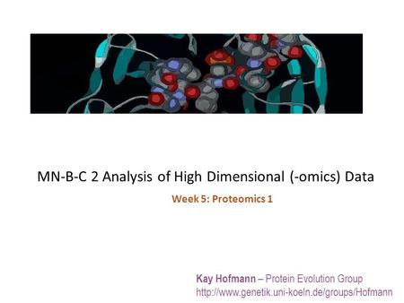 MN-B-C 2 Analysis of High Dimensional (-omics) Data Kay Hofmann – Protein Evolution Group  Week 5: Proteomics.