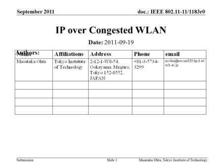 Doc.: IEEE 802.11-11/1183r0 Submission September 2011 Masataka Ohta, Tokyo Institute of TechnologySlide 1 IP over Congested WLAN Date: 2011-09-19 Authors: