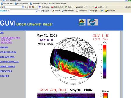 Shows the data from one orbit This is the page to go to to look at the GUVI data in the form of images.