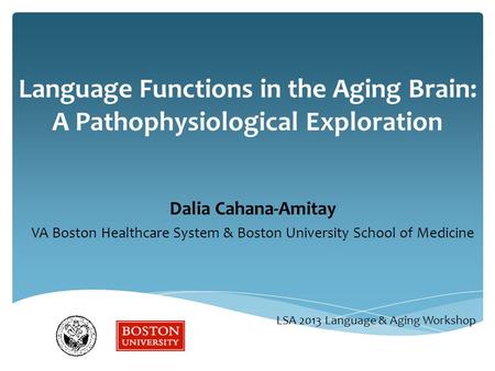 Language Functions in the Aging Brain: A Pathophysiological Exploration Dalia Cahana-Amitay VA Boston Healthcare System & Boston University School of Medicine.