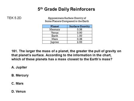 5 th Grade Daily Reinforcers TEK 5.2D 161. The larger the mass of a planet, the greater the pull of gravity on that planet’s surface. According to the.
