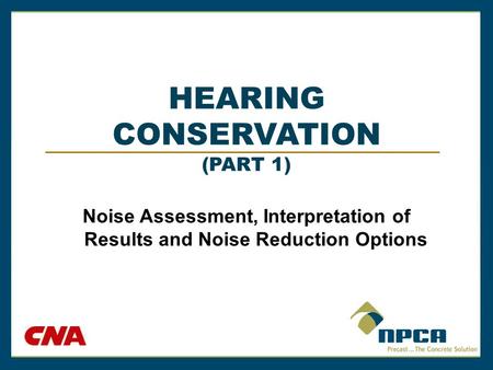 HEARING CONSERVATION (PART 1) Noise Assessment, Interpretation of Results and Noise Reduction Options.