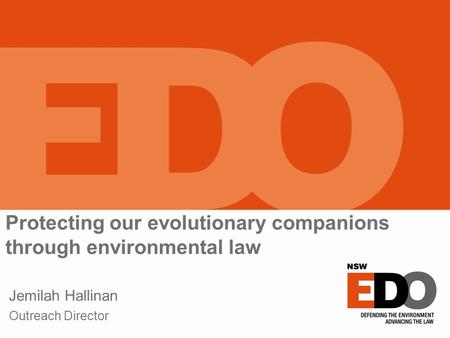 Protecting our evolutionary companions through environmental law Jemilah Hallinan Outreach Director.