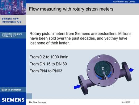 Automation and Drives Siemens Flow Instruments A/S The Flow Force.pptApril 2007 1 Dedicated Program SITRANS F R Back to animation Flow measuring with rotary.