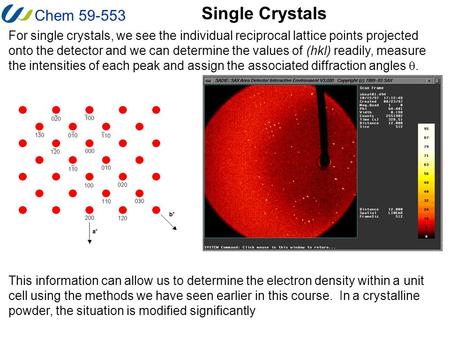 Chem 59-553 Single Crystals For single crystals, we see the individual reciprocal lattice points projected onto the detector and we can determine the values.