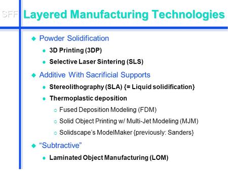 Layered Manufacturing Technologies u Powder Solidification l 3D Printing (3DP) l Selective Laser Sintering (SLS) u Additive With Sacrificial Supports l.