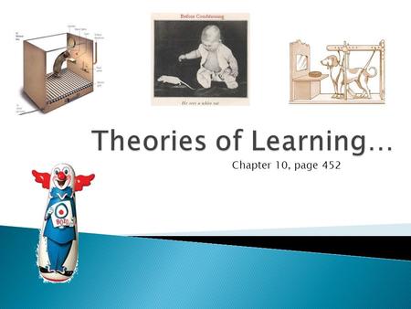 Chapter 10, page 452. There are a number of different theories of learning, each different from the next. We will learn about: 1.Classical Conditioning.