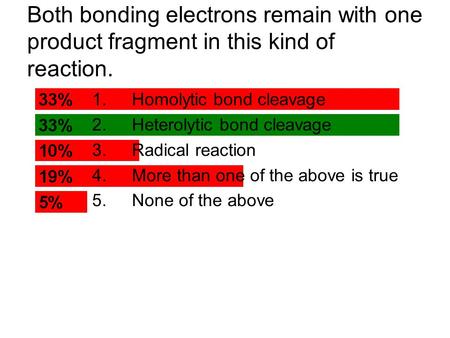 Both bonding electrons remain with one product fragment in this kind of reaction. 1.Homolytic bond cleavage 2.Heterolytic bond cleavage 3.Radical reaction.