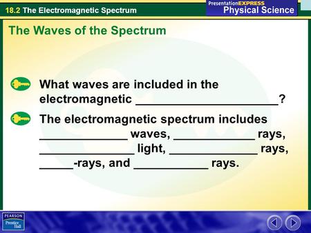 18.2 The Electromagnetic Spectrum The Waves of the Spectrum What waves are included in the electromagnetic _____________________? The electromagnetic spectrum.