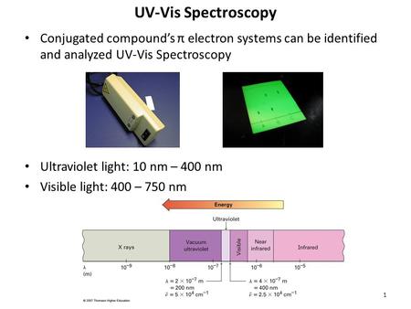 UV-Vis Spectroscopy Conjugated compound’s π electron systems can be identified and analyzed UV-Vis Spectroscopy Ultraviolet light: 10 nm – 400 nm Visible.