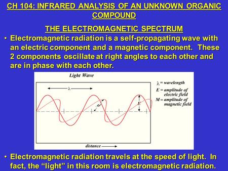 Electromagnetic radiation is a self-propagating wave with an electric component and a magnetic component. These 2 components oscillate at right angles.