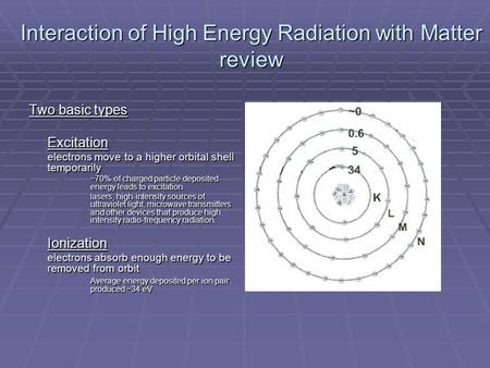 Interaction of High Energy Radiation with Matter review Two basic types Excitation electrons move to a higher orbital shell temporarily ~70% of charged.