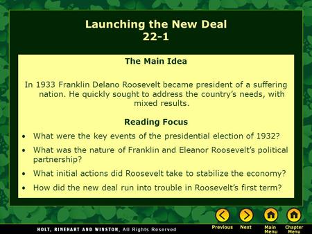 Launching the New Deal 22-1 The Main Idea In 1933 Franklin Delano Roosevelt became president of a suffering nation. He quickly sought to address the country’s.