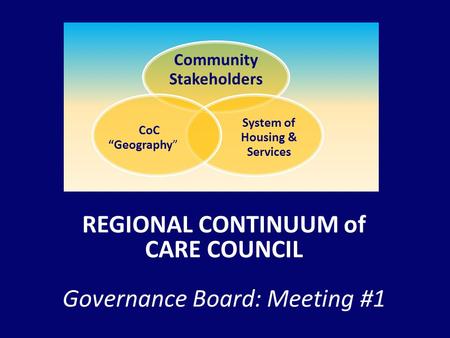 REGIONAL CONTINUUM of CARE COUNCIL Governance Board: Meeting #1 Community Stakeholders System of Housing & Services CoC “Geography”