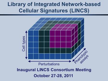 Library of Integrated Network-based Cellular Signatures (LINCS) Perturbations Cell types Phenotypic assays Inaugural LINCS Consortium Meeting October 27-28,