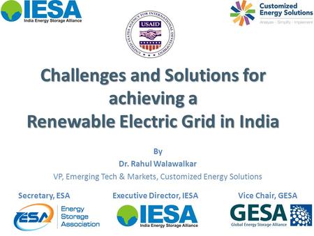 Challenges and Solutions for achieving a Renewable Electric Grid in India By Dr. Rahul Walawalkar VP, Emerging Tech & Markets, Customized Energy Solutions.