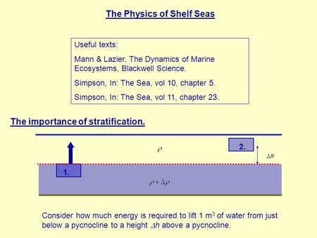 Useful texts: Mann & Lazier, The Dynamics of Marine Ecosystems, Blackwell Science. Simpson, In: The Sea, vol 10, chapter 5. Simpson, In: The Sea, vol 11,