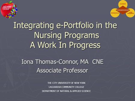 Integrating e-Portfolio in the Nursing Programs A Work In Progress Iona Thomas-Connor, MA CNE Associate Professor THE CITY UNIVERSITY OF NEW YORK LAGUARDIA.