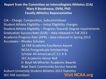 Report from the Committee on Intercollegiate Athletics (CIA) Mary K Boudreaux, DVM, PhD Faculty Athletics Representative CIA – Charge, Composition, Subcommittees.