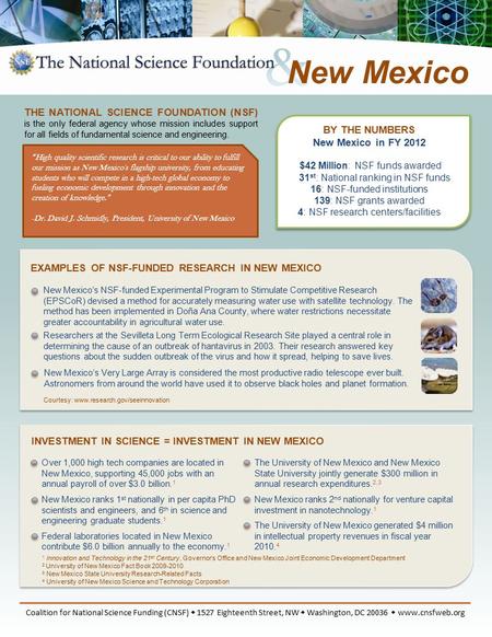 BY THE NUMBERS New Mexico in FY 2012 $42 Million: NSF funds awarded 31 st : National ranking in NSF funds 16: NSF-funded institutions 139: NSF grants awarded.