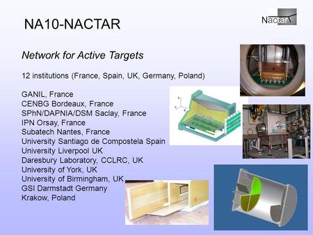 N Network for Active Targets 12 institutions (France, Spain, UK, Germany, Poland) GANIL, France CENBG Bordeaux, France SPhN/DAPNIA/DSM Saclay, France IPN.