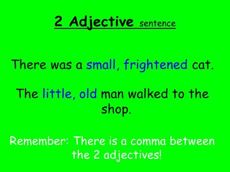 2 Adjective sentence There was a small, frightened cat. The little, old man walked to the shop. Remember: There is a comma between the 2 adjectives!