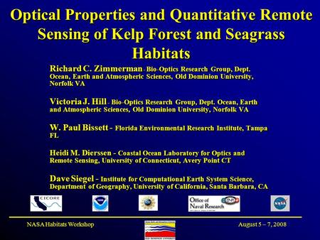 August 5 – 7, 2008NASA Habitats Workshop Optical Properties and Quantitative Remote Sensing of Kelp Forest and Seagrass Habitats Richard C. Zimmerman -