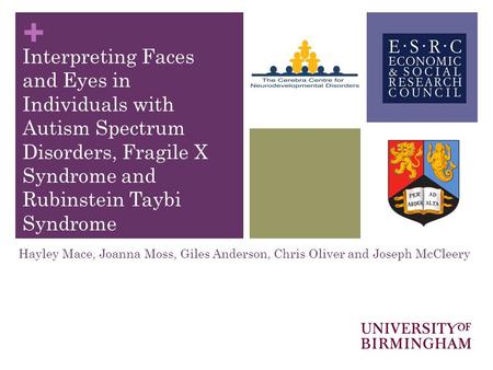 + Interpreting Faces and Eyes in Individuals with Autism Spectrum Disorders, Fragile X Syndrome and Rubinstein Taybi Syndrome Hayley Mace, Joanna Moss,