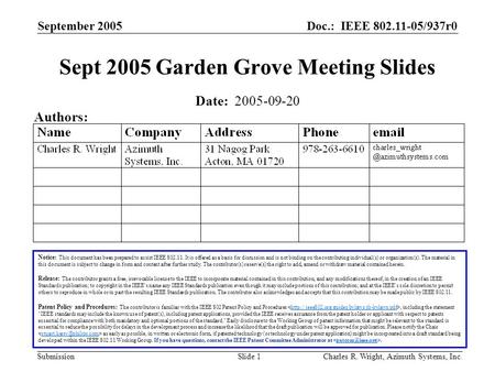 Doc.: IEEE 802.11-05/937r0 Submission September 2005 Charles R. Wright, Azimuth Systems, Inc.Slide 1 Sept 2005 Garden Grove Meeting Slides Notice: This.