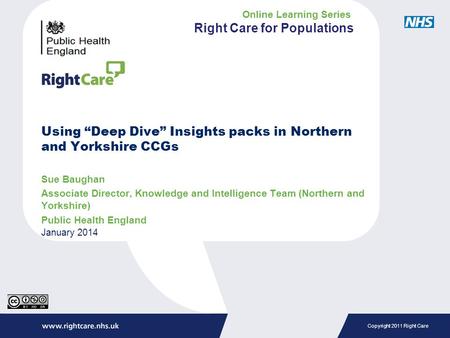 Copyright 2011 Right Care Using “Deep Dive” Insights packs in Northern and Yorkshire CCGs Sue Baughan Associate Director, Knowledge and Intelligence Team.