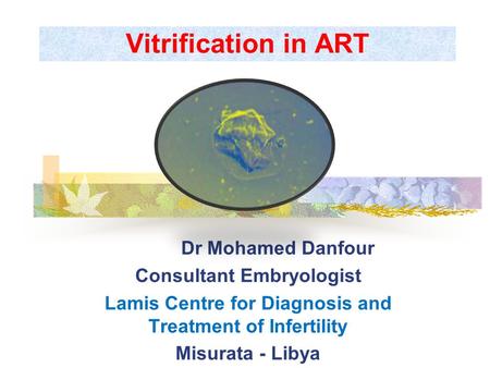 Vitrification in ART Dr Mohamed Danfour Consultant Embryologist Lamis Centre for Diagnosis and Treatment of Infertility Misurata - Libya.