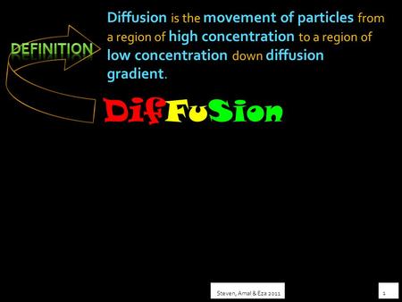 Diffusion is the movement of particles from a region of high concentration to a region of low concentration down diffusion gradient. Dif FuSion Steven,