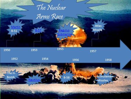 The Nuclear Arms Race 1950 1952 1953 1954 1955 1956 1957 1958 The H- Bomb Minuteman Missiles Nautilus Atlas Missile Regulus Submarine Martin B-51 B-57.