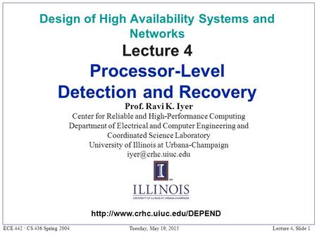Lecture 4, Slide 1 ECE 442 / CS 436 Spring 2004 Tuesday, May 19, 2015 Design of High Availability Systems and Networks Lecture 4 Processor-Level Detection.