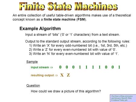 An entire collection of useful table-driven algorithms makes use of a theoretical concept known as a finite state machine (FSM). Example Algorithm Input.