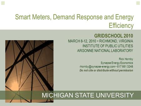 Smart Meters, Demand Response and Energy Efficiency GRIDSCHOOL 2010 MARCH 8-12, 2010  RICHMOND, VIRGINIA INSTITUTE OF PUBLIC UTILITIES ARGONNE NATIONAL.